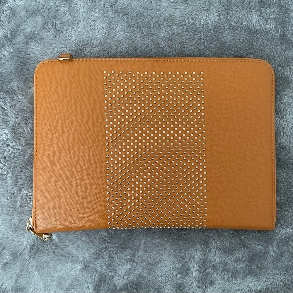 Studded Yellow-Orange Large Wallet Wristlet Crossbody Leopard Print Interior